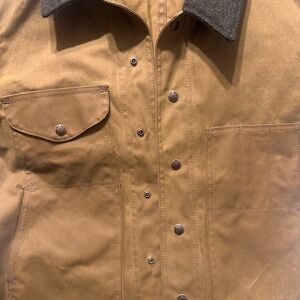 Filson Tin Jacket with Bi-Swing Back, Dark Tan Wool Collared - Size Small